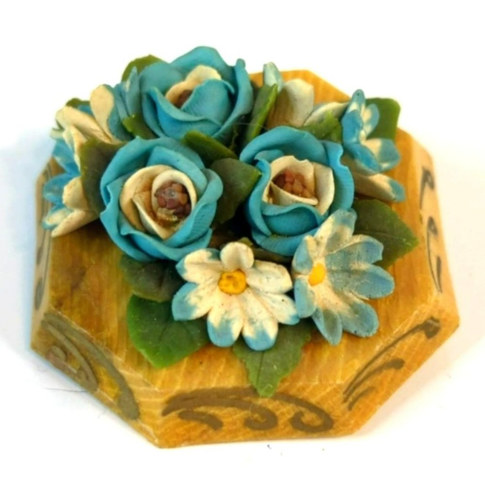 Vintage 1980s Handcrafted Bread Dough Blue Floral Arrangement Brooch